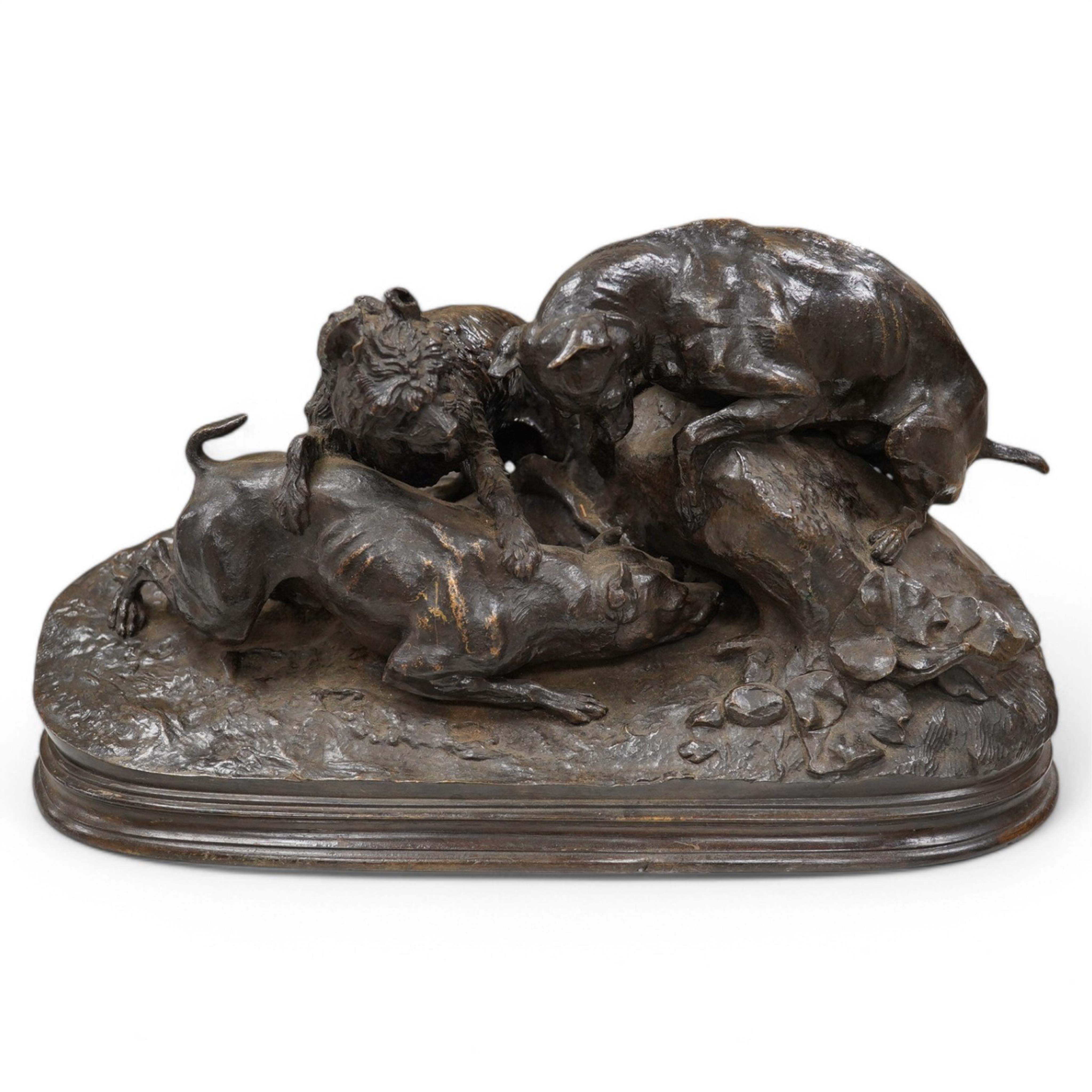 After Pierre Jules Mene (1810-1871) a bronze group ‘La Chasse au Lapin’, 37cm wide. Condition- fair to good